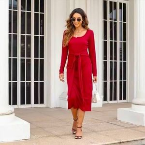 MISSKY Womens Long Sleeve Bodycon Side Slit Ribbed Knit Midi Sweater Dress - s​